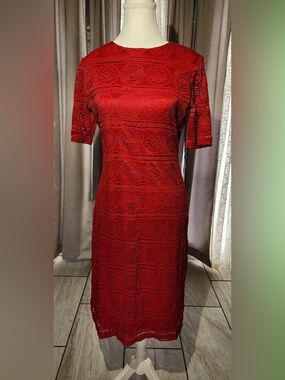 Sharagano Red Crochet Lace Midi Dress